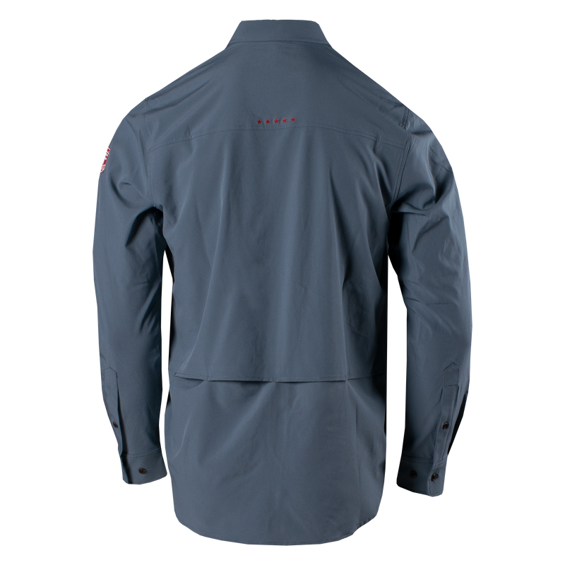 Back of Faded storm MLF Feather light Stretch Fishing shirt